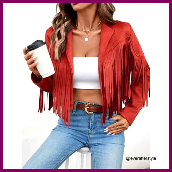 Faux Suede Cropped Jacket Fringe Tassel Western Style Boho Chic Fall Fashion - Picture 4 of 7
